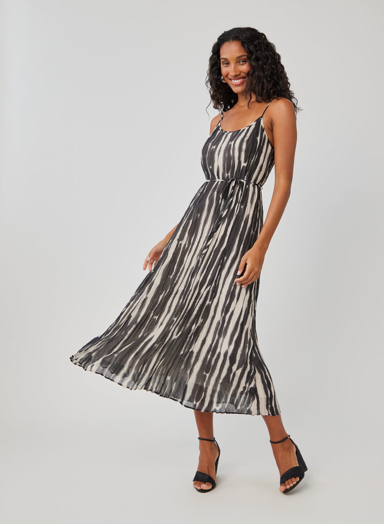 Maria Black and White Pleated Midi Dress